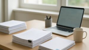 整理された書類とノートパソコンが置かれた日本の小規模事務所の机のイメージ