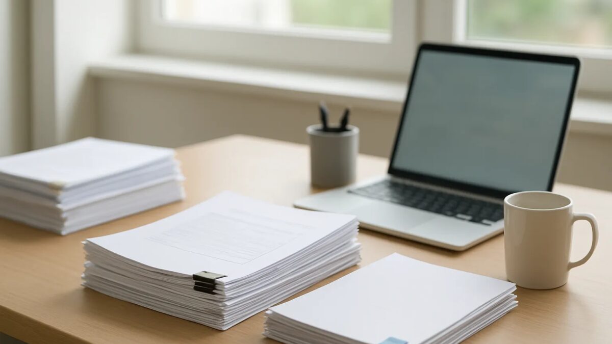 整理された書類とノートパソコンが置かれた日本の小規模事務所の机のイメージ