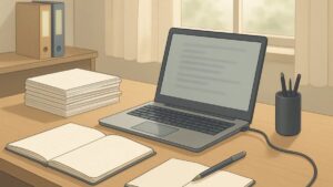 小規模事務所の机に置かれたノートパソコンと整理された書類のイメージ