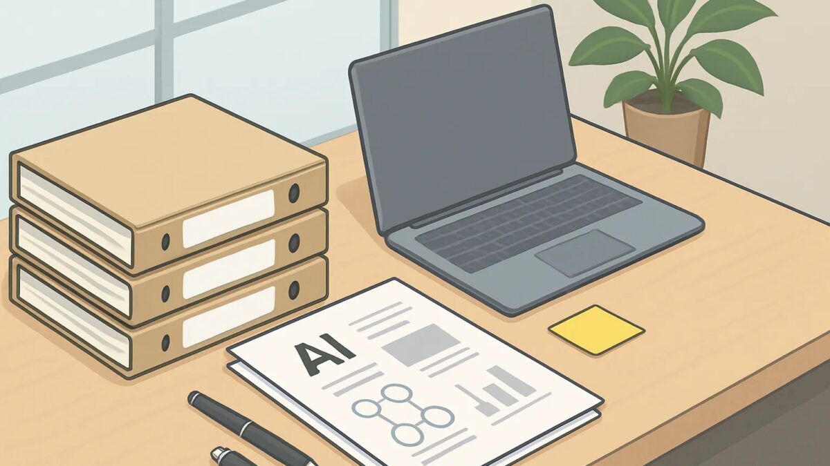 小規模事務所の机に整理された書類とノートパソコンのイメージ