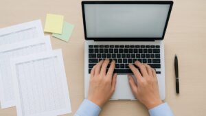 整理された机の上に置かれたExcelプリントとノートパソコンのイメージ