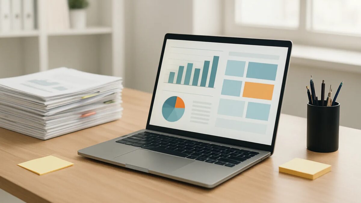 整理された小さな事務所の机とノートPC、問い合わせ対応のイメージ