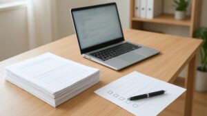机上に整理された書類とチェックリスト、パソコンが写る業務改善のイメージ