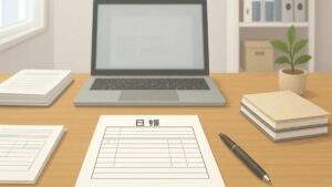 整理された小さな事務所の机と日報テンプレのイメージ
