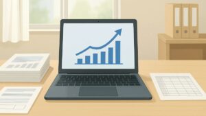 整頓された机にノートPCと用紙が並ぶ業務改善のイメージ