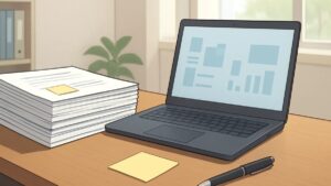 小規模事務所の机でファイル整理を進める場面のイメージ